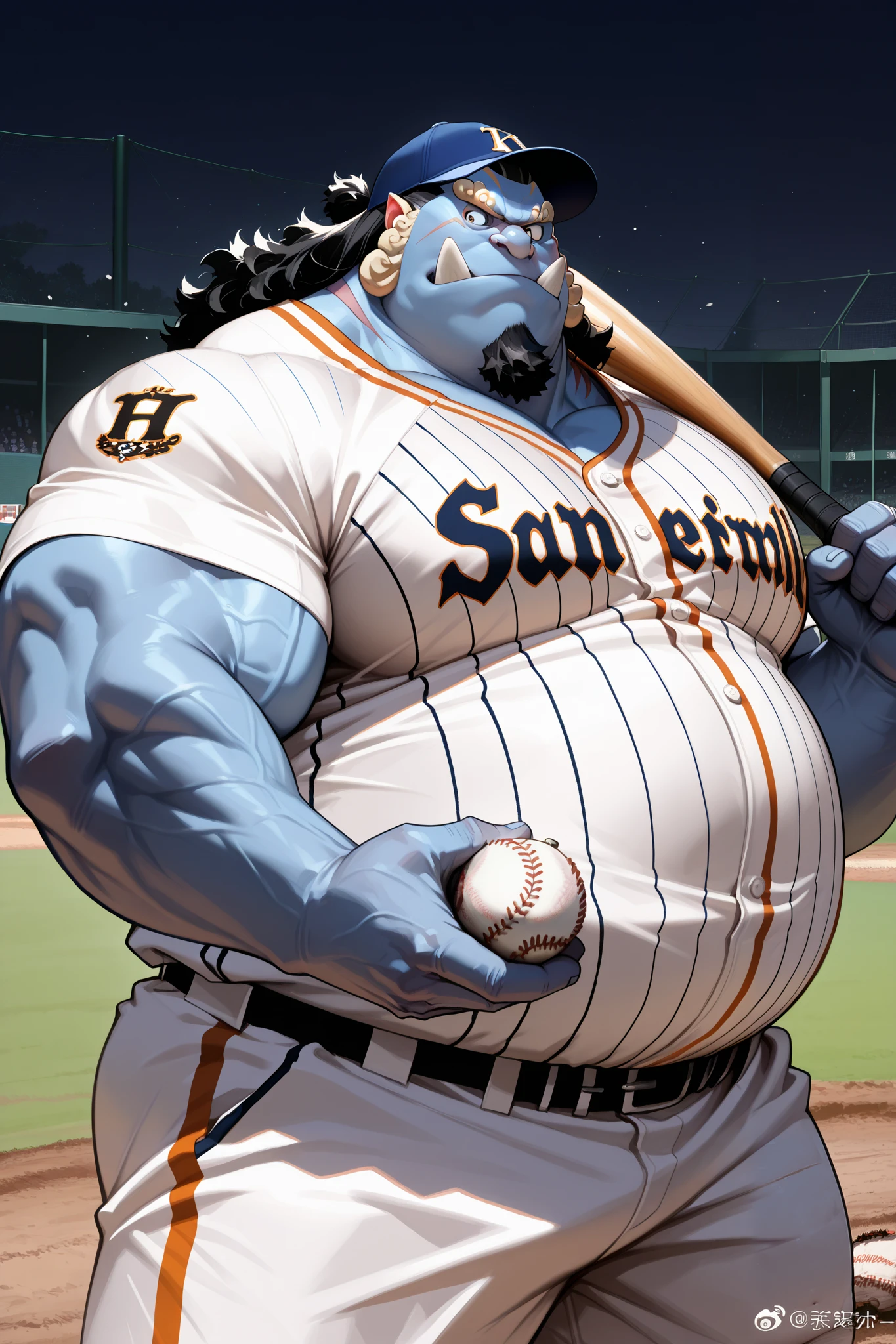 solo, chubby jinbe, big belly, fay, happy, side chest, Stand slightly sideways, side angel, shirtless, very huge pectoral, shorts, t-shirt, baseball, jersey, baseball fields, pitcher, playing baseball, jersey, baseball hat, holding baseball, detailed face:1.3, eyes, wide shoulder, thick arms, wide pectoral, muscle, short hair:1.2, masterpiece, semirealistic:1.2, high detailed, 8k, high resolution