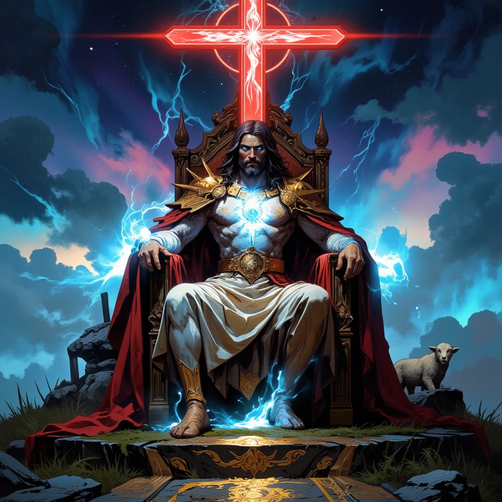 King Arthur with beard, sitting on his throne, holding a sword with both hands vertically between his legs, open legs, medieval sword, catholic king, tough, powerful, masculine, epic, imposing, corona, perfect anatomy, medieval, guerrero