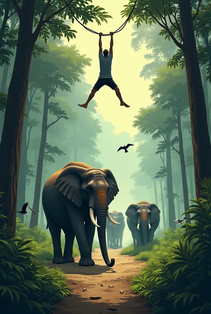 a banana tree in a corner of a lake , one elephant trying to jerk the tree , in a branch a men is hanging by hand , benith is water and snakes , 1 white and one black mouse trying to cut the branch , above the mens one branch have honeycolony and honey is droping in mens mouth , a side bhgwan vishnu on thier garudh vahan trying to save men.