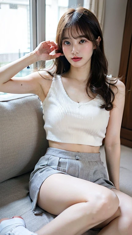 highest quality,8K, Detailed facial depiction, Detailed description of the eyes, brown hair(long wavy hair),beautiful korean girl, 21 years old, taking off underwear, Bear Breast, Because I'm slender, medium chest size, sit with legs apart, smile, Colorful earrings, necklace,