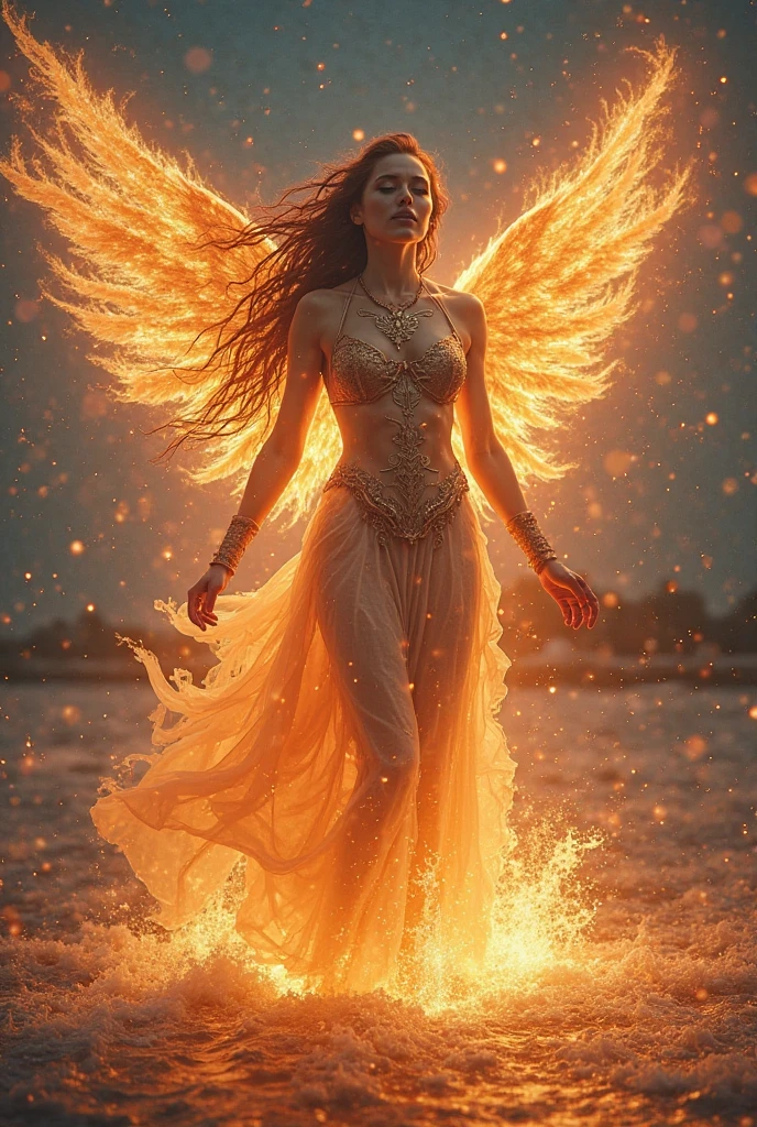 Naked, nude, topless, A woman with wings made of fire, big and sexy breasts, super sexy, beautiful, holding a spear, wearing a white skirt of very long chains dull rust, chains, above the sky, flying over the mountains, hovering, with a shooting angle from the front, very realistic, sci-fi fantasy, cenematic, (complex detail: 0. 9), (hdr, hyperdetail: 1.2), RAW, Sony Alpha a9 II, 24-105mm f/4, HDR,