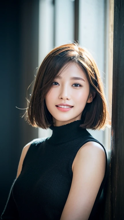 (UHigh resolution, retina, masterpiece, Accurate, Anatomically correct, Textured skin, Super Detail, Attention to detail, high quality, 最high quality, High resolution, 1080P, High resolution, 4K, 8k, 16K), (美しいAttention to detail目, Beautiful lip detail, Highly detailed eyes and face), Studio Lighting, Physically Based Rendering, Brightly colored boobs, Super big breasts, super extra big , Glamorous Body), (White turtleneck knit), (Portraiture, Bowl Cut, Shiny Hair, Glowing Skin), (Bokeh), (incline one's head to the side:1.5), Eye Reflexes, Jet Black Hair, Distinctive large, narrow eyes, Snow-like skin, Pink Lips, Rosy Cheeks, Large Breasts, A charming smile that captivates everyone who sees it, and the intelligent brain,