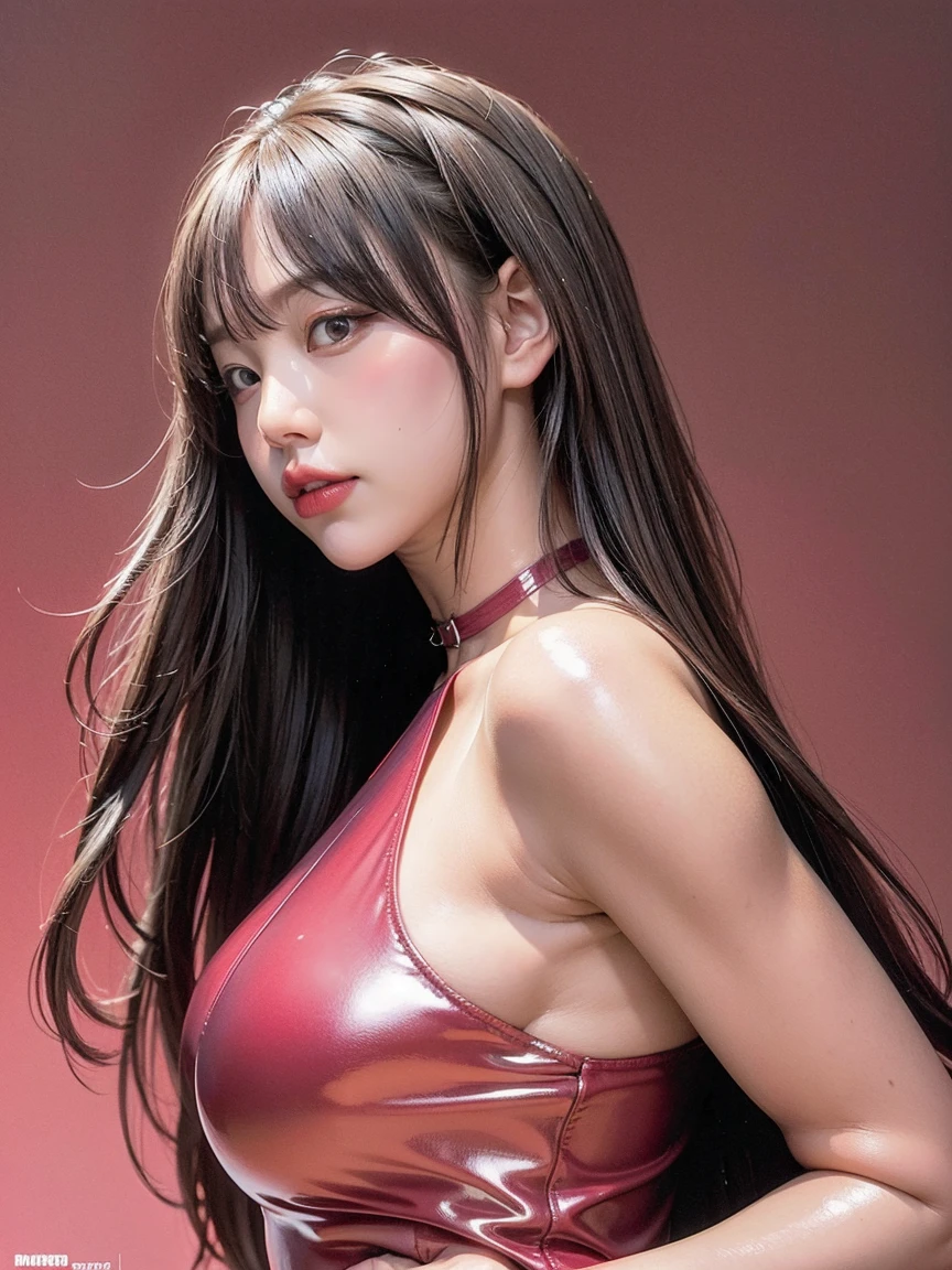 Photo studio、Rubber texture red and silver leather blazer suit、Glossy red bra、Shiny red silk shirt、Cleavage、(Large Breasts:1.4)、Japanese、Gravure idol、Cute 18 year old girl,Black hair in a ponytail, masterpiece, 最high quality, 超high quality, high quality, High resolution, 超High resolution, Absurd, 4K, 8k, 16K, Very detailed, Realistic, photo Realistic, RAWphotograph, photograph, Super Fine Illustration,Beautiful Face、Realistic Face、(Ultra detailed hair)、(Ultra-detailed eyes)、Beautiful details、Realistic Skin、Perfect Anatomy、(Detailed skin)、Beautiful Skin、Charm、Ultra high definition、Ultra-realistic、Correct Anatomy, Perfect proportions