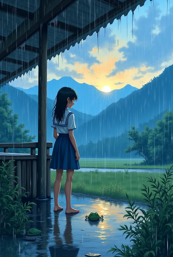 Oil and acrylic painting on canvas depicting a summer evening rainstorm at a countryside bus stop. A girl in simple summer sailor attire seeks shelter from the rain, with droplets flowing from the bus stop’s eaves highlighted for emphasis. The scene is rendered in a Ghibli-inspired style, featuring wet foliage and misty mountains in the background. The girl adjusts her wet hair while standing near small puddles and a frog at her feet. The artwork uses soft colors and hand-painted textures to create a serene atmosphere that harmonizes with nature. It captures the anime aesthetic, blending “lo-fi art” and summer evening vibes with high detail and ultra-high resolution for a beautiful animation-style wallpaper