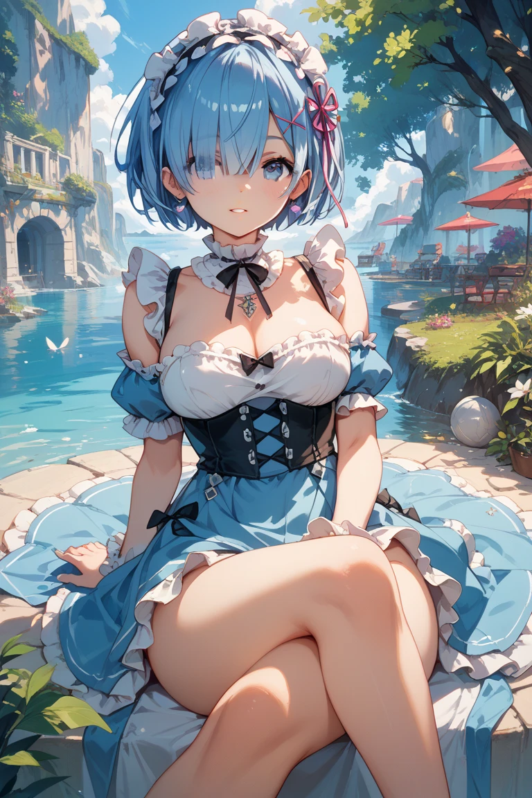 ((solo:1.2)),cute girl sitting on bench in garden,frilled dirndl,from above,looking up,cobblestone pavement,aqua hair,fine bob cut,(hair over one eye),(dappled sunlight:1.2),blurry,(depth of field:1.1),head tilt,:o,(petals),tree,butterfly, nude, very big breast naked