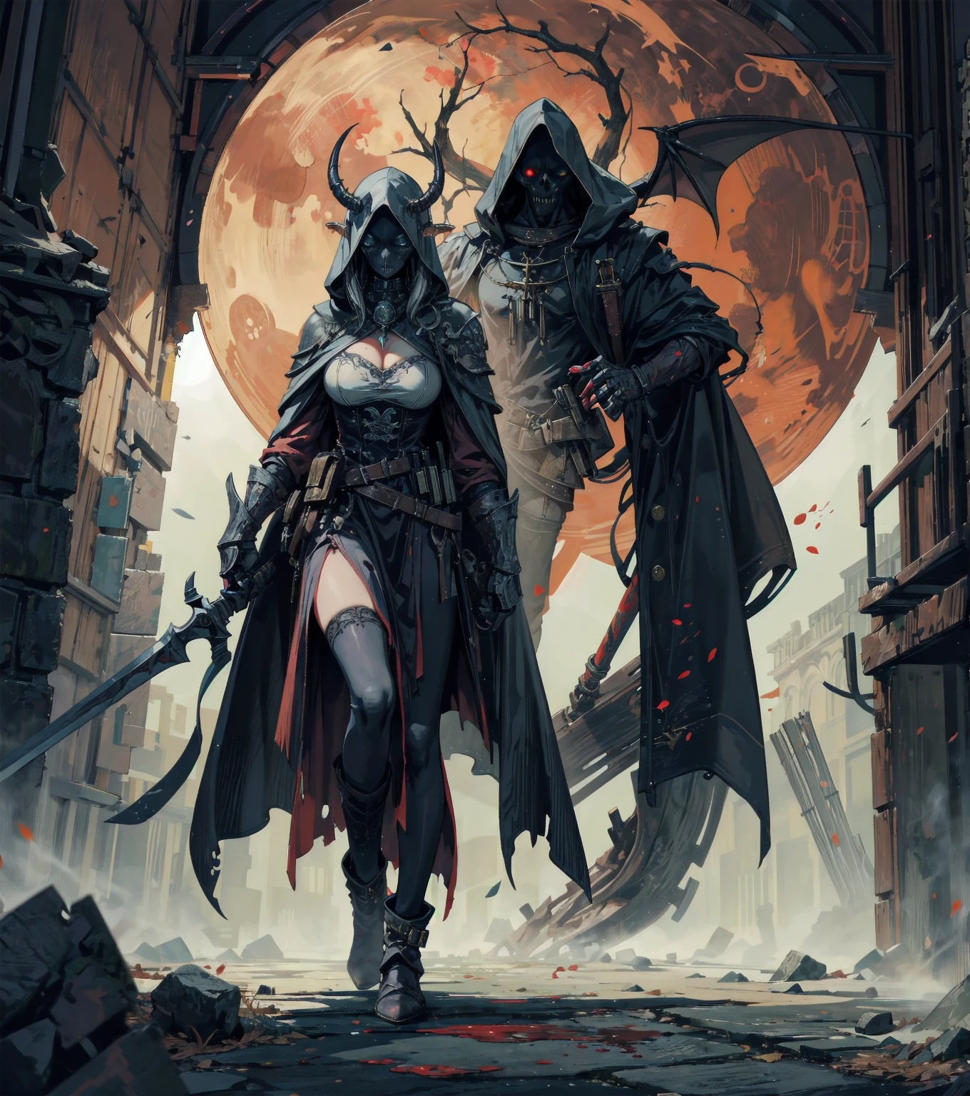 score_9, score_8_up, score_7_up, 1girl, monster girl, scales, ninja girl, hooded, long hair, in a dark corridor, dim light, cloak, fingerless gloves, fantasy, tail, shadow magic, beautiful eyes, glowing eyes, , skinny, blood moon, shoulder armor, holding a sword, Concept Art, expressiveh,