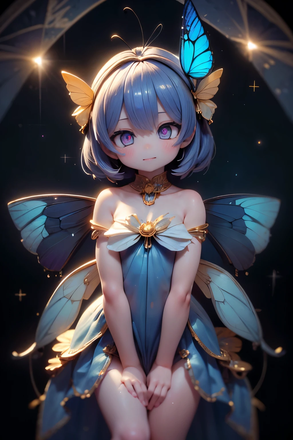 14 years old、beautiful girl、night、Fairy、Tiara on head、smile、Yellow Hair、Big eyes、月night、Close-up of face、Beautiful collarbone、Yellow Dress、Close-up of face、Cleavage