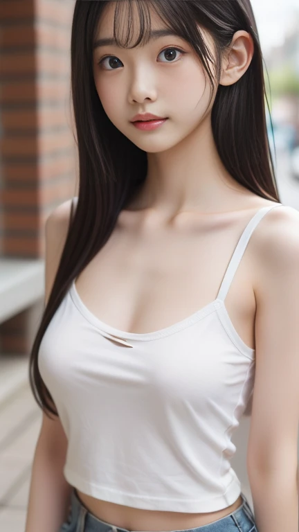 White T-shirt，JoJoJo,One girl, Underarm, Asian, bangs, Bare shoulders, Bathroom, Iris, Black Hair, blunt bangs, chest, brick wall, Brown eyes, Brown Hair,  Sealing, Mouth closed, clavicle, door, indoors, large chest, lips, Long Hair, View your viewers, nose, photograph \(Moderate\), Realistic, alone,, tile張りの床, tile wall, tile, toilet, Upper Body, wall, White Camisole