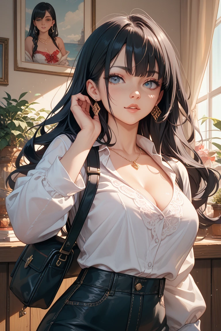 最high quality、best image quality、masterpiece、teenage girl((18-year-old、 By becoming、vest bust、medium bust,wide open breast tea、black eye, black hair、long hair、thin,highest valley、Torn black t-shirt(2:3)、cute smile,damaged pants(2:3))),high quality、beautiful art、background((photo studio)),debris flies、Depth of written boundary、movie、visual art、perfect art、8K,genuine