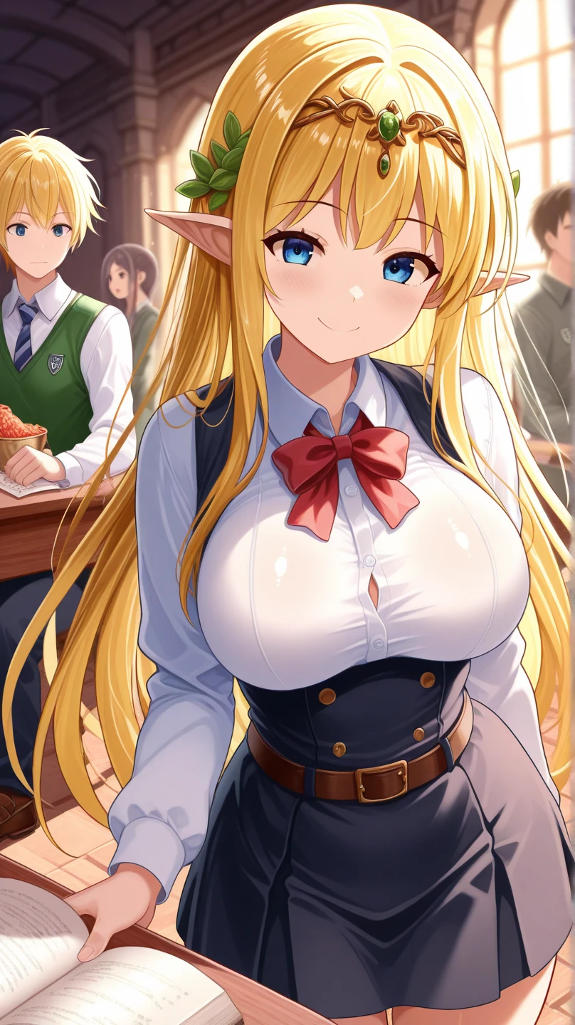 Elf　Blonde　Golden Eyes　Headband knitting　Long Hair　Big Breasts　blush　Completely naked　Erotic　Masturbation　Obscene lines　Squirting　Expose　Town　Eyes are hearts　Crowd