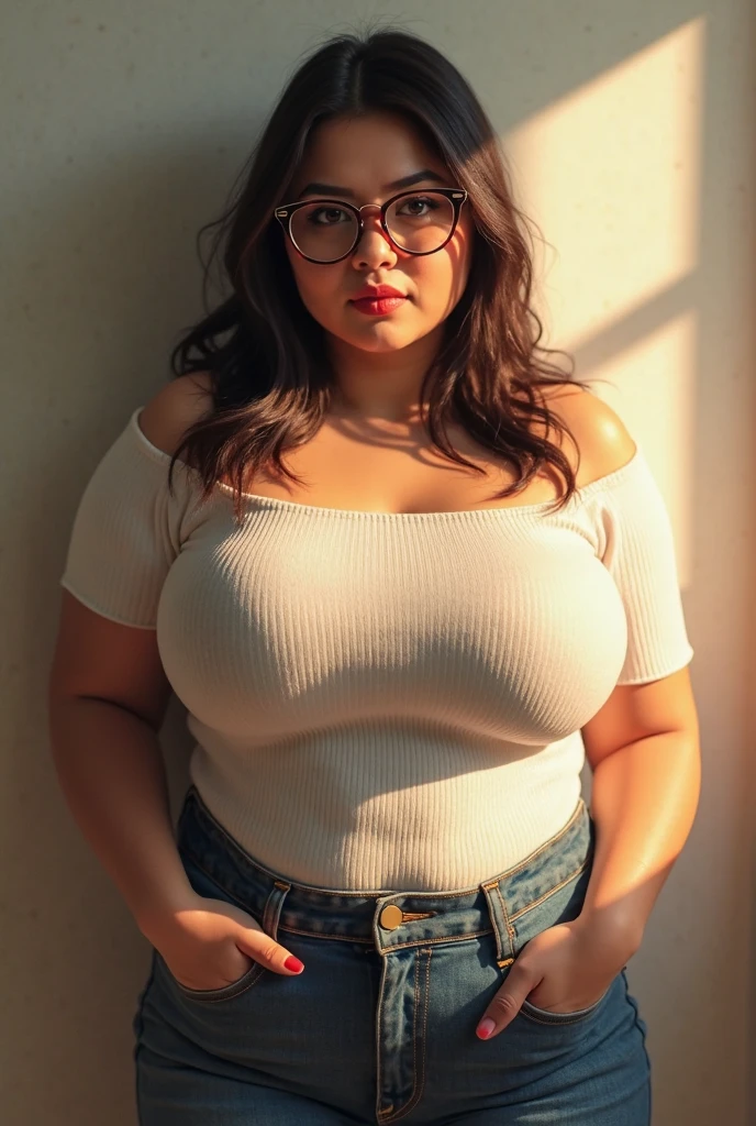 masterpiece, best quality, super detail, 4k, 1 girl, chubby, bbw, tight red-shirt, jeans, large glasses, brown hair pigtails, shy, dynamic pose
