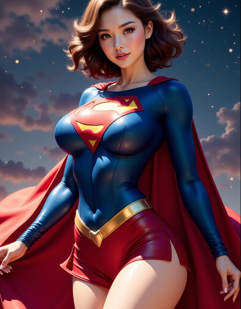 Detailed Superman costume with full sleeves covering the entire body, Characterized by female physique, (Huge breasts), (thin waist), (Huge ass), high quality render, flying though the air, Vivid colors, Dramatic Lighting, red cape, Cinematic Costumes