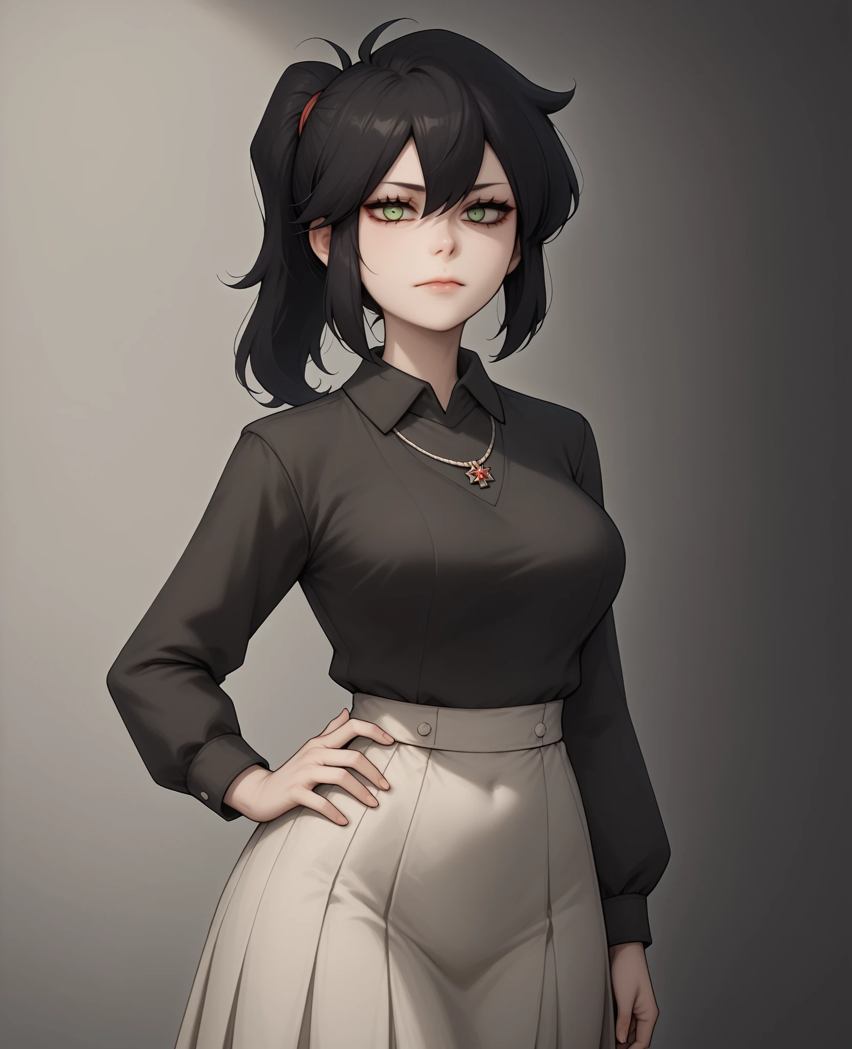 score_9, score_8_up, score_7_up,
1girl, reneegr, black hair, ponytail, sidelocks, long hair, green eyes, jitome, bags under eyes,
necklace, collared white shirt, long sleeves, black sweater vest, white pleated skirt,
hands on hips, standing, looking at viewer, solo, masterpiece, best quality, high resolution,8k,ultra HD, A Soviet Union wallpaper of a detailed Hammer and Sickle symbol, illustration, perfect face, beautiful detailed eyes, extremely detailed face, perfect lighting, extremely detailed CG, perfect body, perfect hands, perfect fingers,1woman, very large breasts, looking at viewer, adult, narrow waist, wide hips, thick thighs, semi-realistic, cowboy shot, mature female,