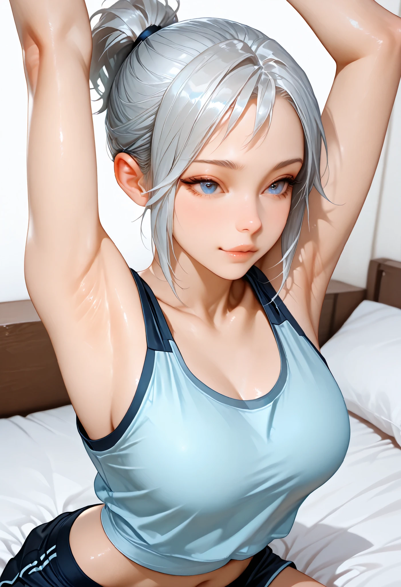 ultra detailed realistic busty jett half body, silver hair, blue eyes, tanktop white, background, ray tracing, short ponytail hair, sitting on the bed, cute face, stretching pose sexy, show armpit