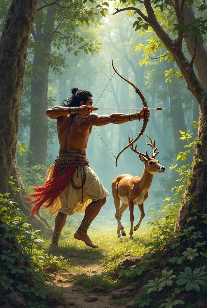 The Moment of Impact:** The arrow released by Ram flying through the air, moments before striking Bali. The background captures the tension with trees swaying and animals scattering.