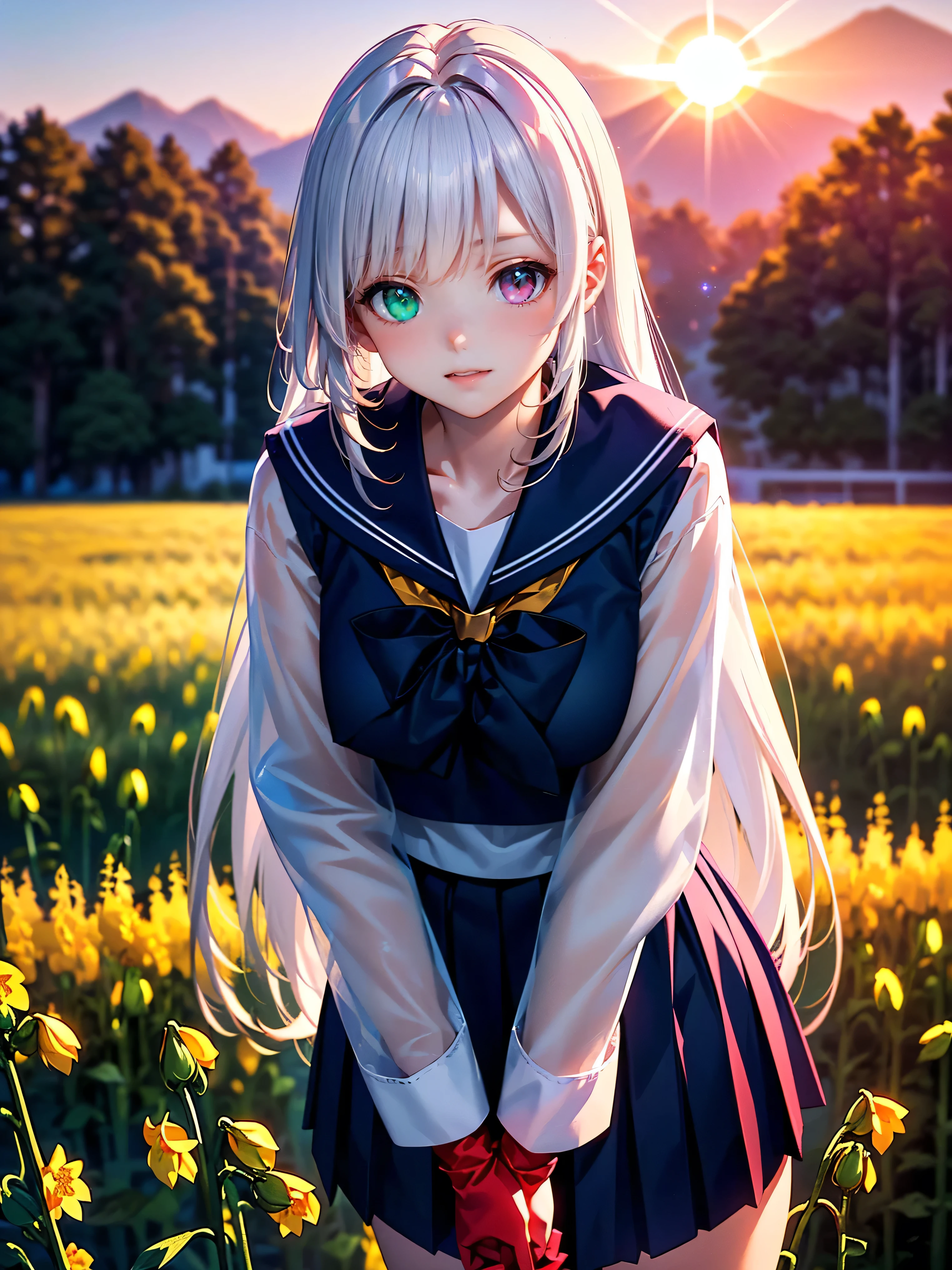 (Best Picture Quality, 8K, Best Picture Quality, ((Odd-eyed school girl)), ((heterochromia, red eyes, green eyes)), ((sparkling fine crimson eyes)), ((very precise eyes)), . (long hair that looks like a mix of platinum and purple)), princess cut, ((clear glowing white skin)), glossy skin, very white skin, ((very small breasts)), ((heart hands))
((anatomically correct description)), ((wearing navy blue sailor uniform)), dark blue pleated skirt, miniskirt thighs, ((down blouse: 1. 5)), ((leaning forward)), gaze, ((leaning forward)), blush, ((in a field of rape blossoms with the setting sun shining)), smile, very beautiful.