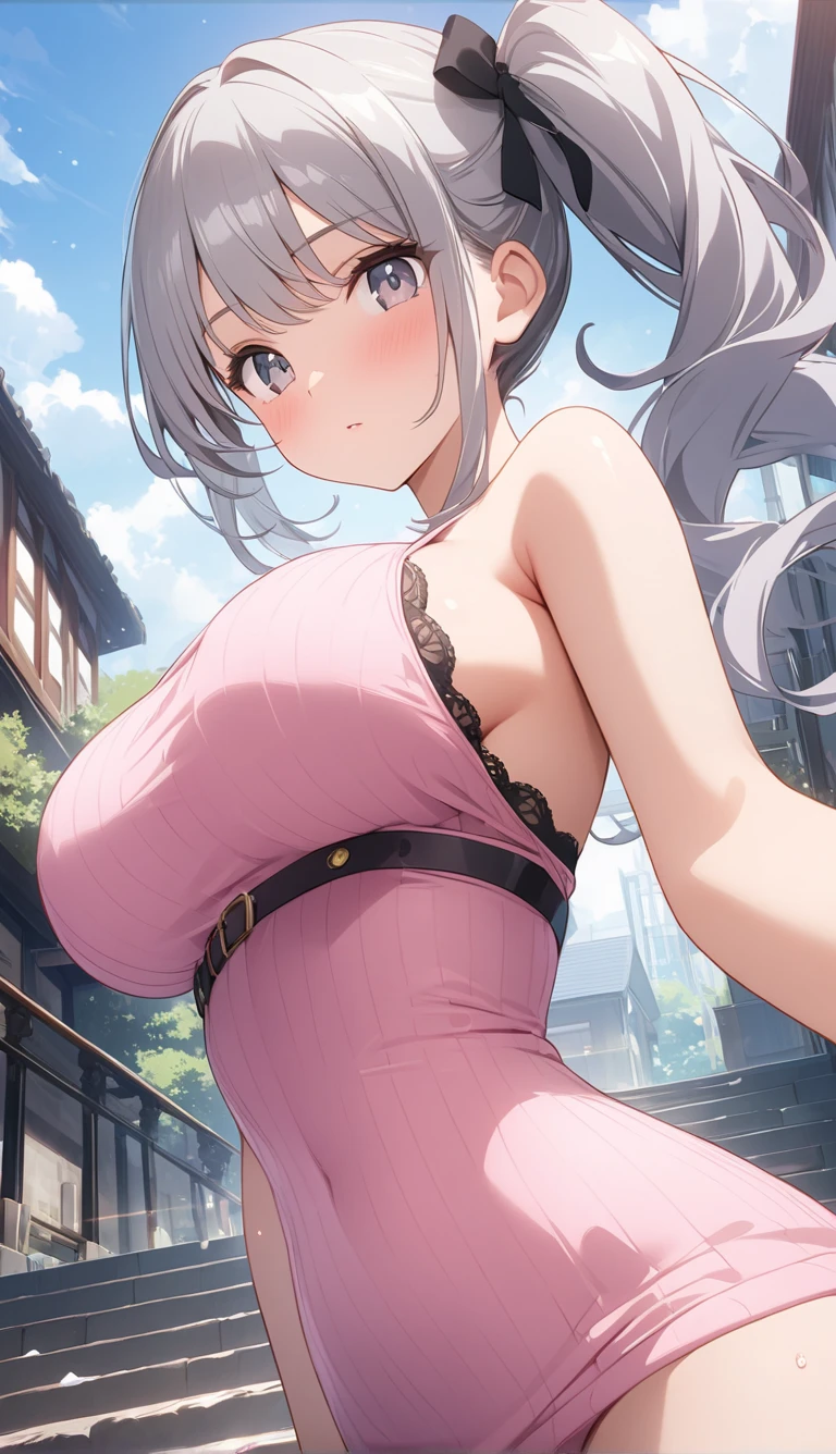 18 year old beautiful girl, pink big eyes,  Petite and slender、slightly large breast, ((gray hair,)),(Loose fluffy short braided hair), in 8K, of the highest quality, (Highly detailed head: 1.0), (Very detailed face: 1.0), (very detail hair: 1.0),(Revealing see-through dress), Detailed official artwork, anime moe art style, clean detailed anime art, Cool smile