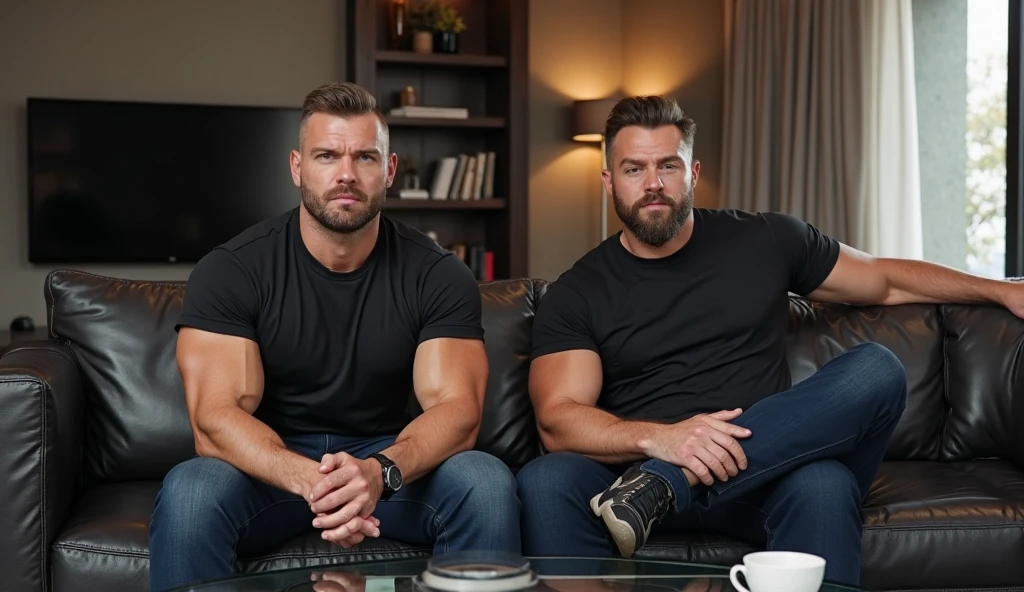 Big giant body builder men wearing unbuttoned multi coloured double pocket shirt on chair in office