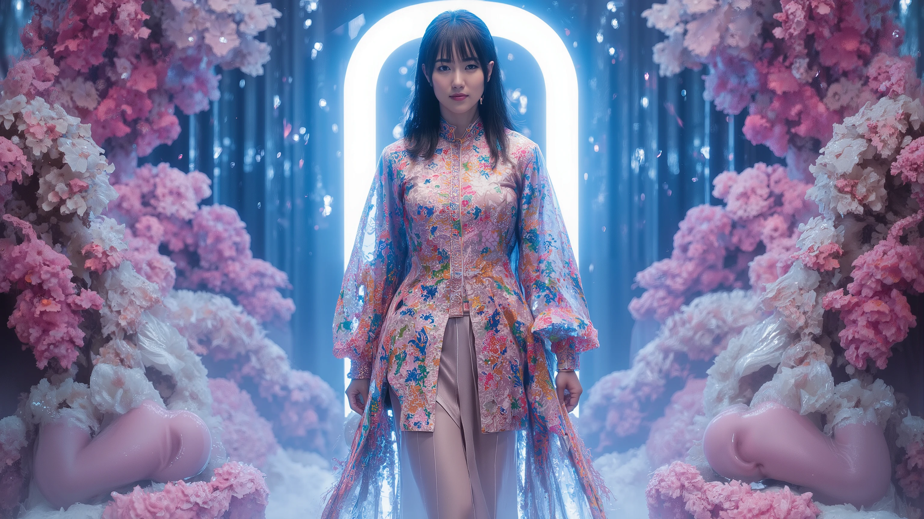 immersed in the wonderful world of digital art , long haired brunette 、 A fair-skinned woman 、walking through a splendid upright Kameda。 wearing a carefully crafted costume , Hall々It exudes a style 。