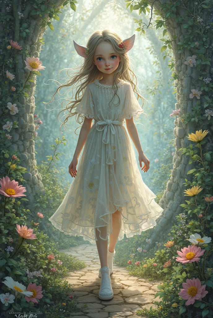Illustration of a girl, kids, 1 blonde of "10 yeappy" in an enchanted flower garden, wearing long dress of braco and blue color, blue sky of clouds, playing with butterflies, beautiful illustration, beautiful UHD 4k art, a beautiful art illustration, art in the style of guweiz, atey ghailan 8K, artgerm and atey ghailan, girl, kids, 1 blonde child of "10 ", wearingess of white and blue color, happy in an enchanted flower jadim, playing with butterflies, (butterflies). (best quality, masterpiece), pose, particles, wind, flower, full body, enchanted garden background, looking at the butterflies. --auto