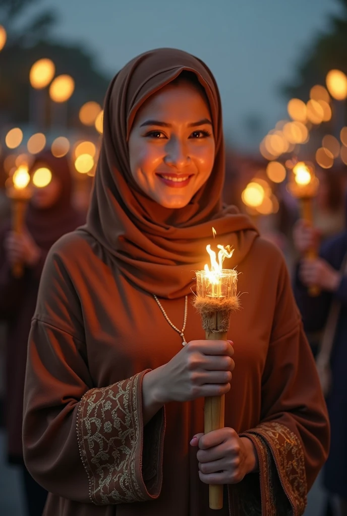 a woman in hijab holding a torch with a city in the background, holding a torch, the torch we all must hold, portrait shot, torches alit in the background, torch - lit, profile picture 1024px, high quality portrait, zenra taliyah, torch lighting, mid shot portrait, medium shot portrait, holding a flaming sword