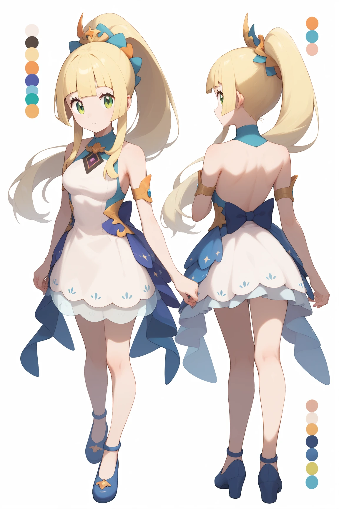 Rabbit ears, squadron, squadron costume, 80s fashion, Urban popular colors, (character design sheet, front, Back, side, same characters), Background is simple, braid, small, lady boy, thick eyebrows, thin waist, beautiful blonde, braid, (masterpiece), ((best quality)), (super detailed), girl, (beautiful eyes)), beautiful and delicate eyes, Clean and delicate face, five fingers, Textile shading, perfect anatomy,