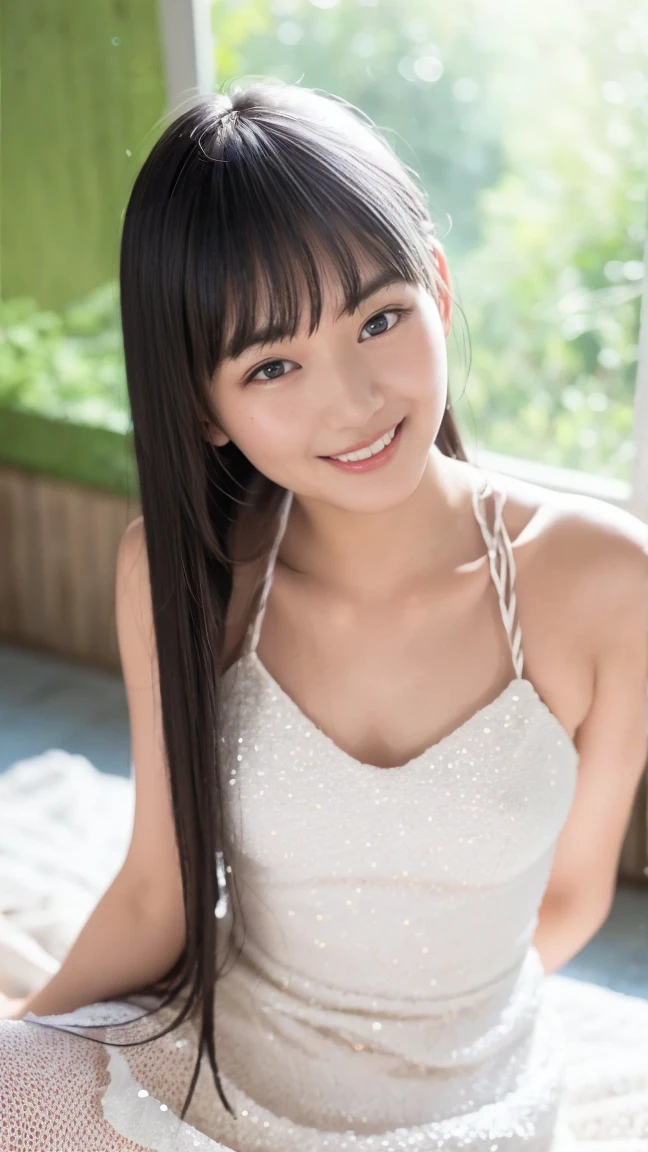 (Best-quality, Masterpiece, Ultra-High-Resolution, (Photorealistic:1.4), Raw Photo, depth of field, professional lighting), (1girl, 12yo, Japanese-idol, innocent smile), ((extremely cute face), ((extremely cute big-black-eyes)), beautiful black-long-hair, beautiful thighs, long-eyelashes, most lips), (((extremely beautiful skins, extremely realistic skins)))