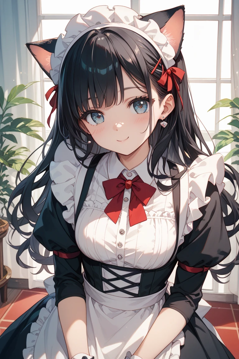 (highest quality:1.2, Very detailed, up to date, Vibrant, Ultra-high resolution, High Contrast, masterpiece:1.2, highest quality, Best aesthetics), Portraiture、girl、singer, solo, ((25-years-old:1)), Bright colors, Beautiful fine details、Beautiful lip detail、medium wave hair、red and white ((streaked hair:1.6)), highlights hair: 1.5, red eyes, slim body, medium breast, (tan skin:1.1), (Floral Fineline tattoo design on left arm:1), sexy Maid costume, cat ears, ((cat whiskers:1.5)), cat makeup, in Maid Cafe, ((leaning forward:1)), cowboy shot,