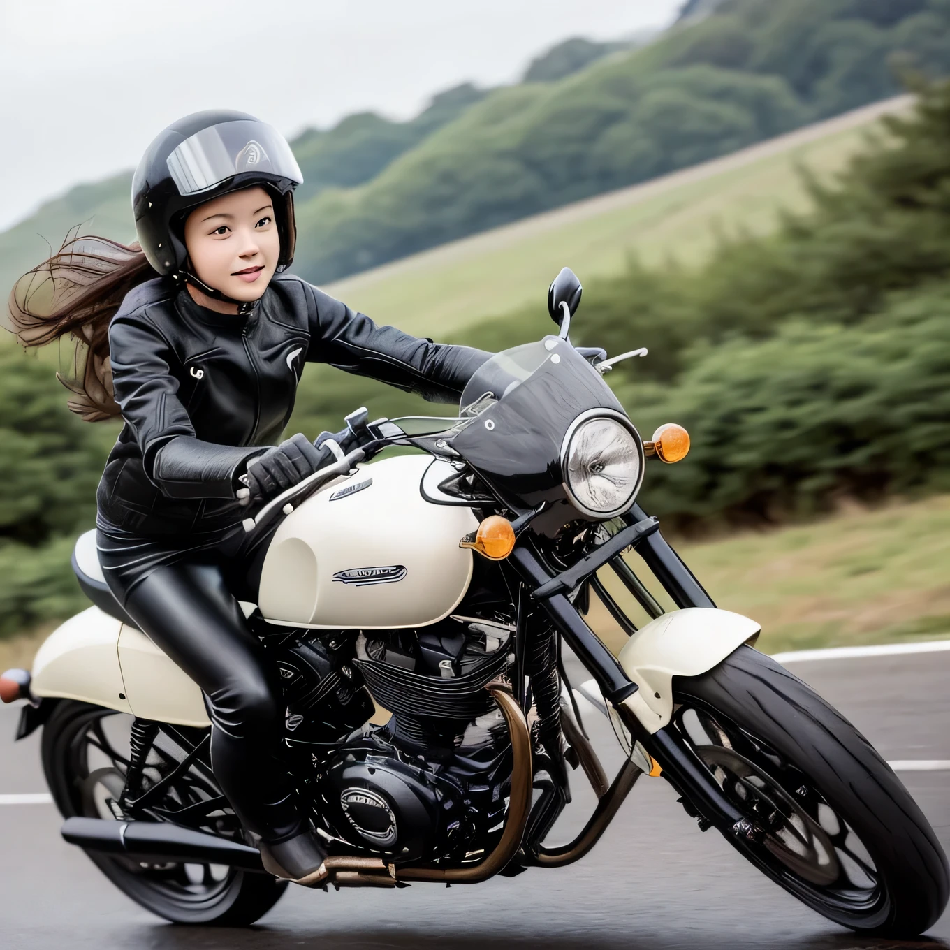 (A young female rider speeds along on a motorcycle)、Vintage Bikes、Bluff Superior SS100、Isle of Man Races、Leather jumper、Cromwell helmet with goggles、After the Rain、English countryside、(Highest quality, masterpiece, High resolution)、8k、wallpaper,masterpiece, best quality extremely beautiful and fain colors ,cute face ,