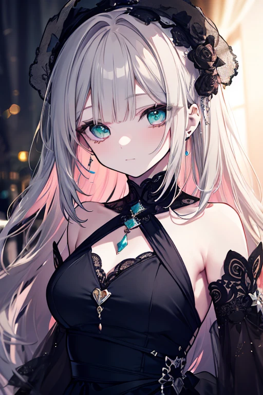 highly detailed, 8k, masterpiece, One girl, Grey Two Tone_hair, dress , , (perfection_face), Brilliant, Complex, Dramatic lighting, 4K, detailed_background, Caustics, Portraiture, , from_~ side  