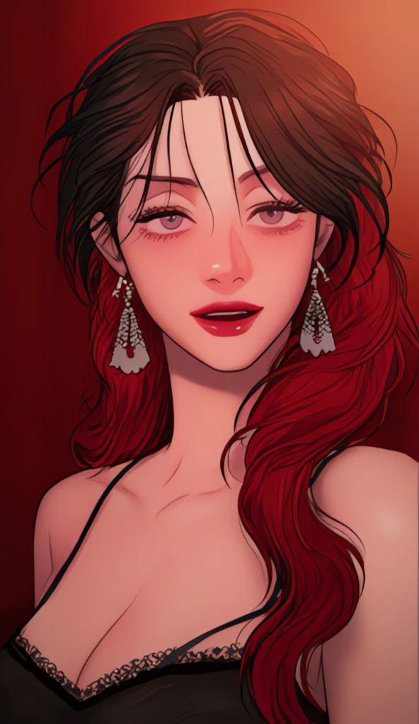 Girl sticking out her tongue, normal tongue, with an intense red color, white teeth, a profiled nose.
