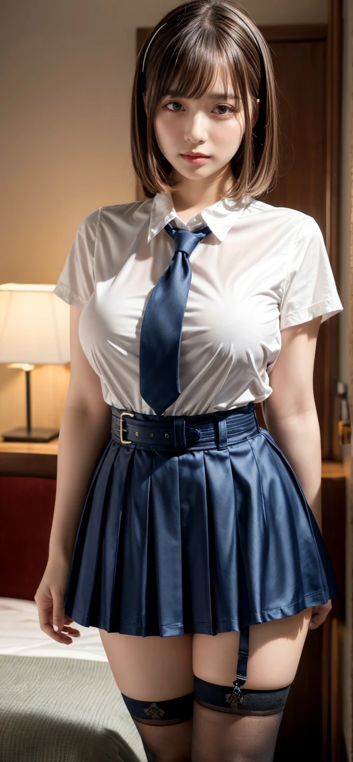 (Tabletop, Highest quality:1.4), Beautiful Face, 8k, 85mm, Absurd, from the front、1、1、((Very cute high school :1.4))、((hotel lobby:1.4))、(((White short-sleeved shirt for school uniform:1.4)))、 ((Cowboy Shot:1.5))、Delicate, alone、((Dark blue pleated skirt:1.4))、((Navy blue student bow tie:1.4))、((Dark blue socks:1.4))、((Dark blue panties:1.4))、((Short Hair:1.4))、Show Viewer, Upper Body, Film Grain, chromatic aberration, Sharp focus, Face Light, Professional Lighting, Sophisticated, (Troubled expression:1.4), ( background, Bokeh background:1.2), ((Confused expression:1.4))、detailed aspects、