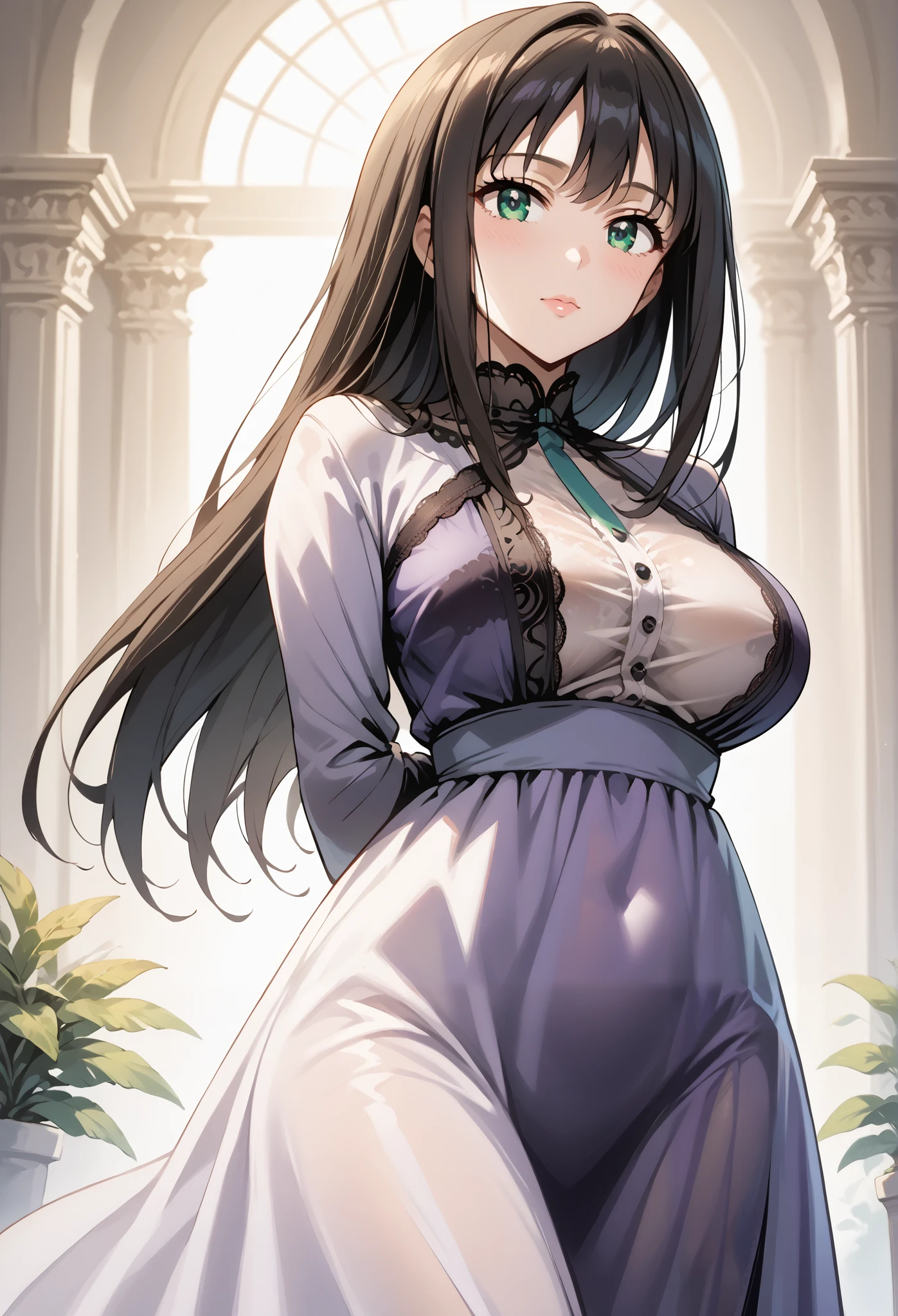 score_9, score_8_up, score_7_up, source_anime, 4K,perfect fingers,(perfect hands, perfect anatomy),prefect lighting, very aesthetic, intricate details,highly detailed background, masterpiece, high quality, best quality,
1girls,solo, rinshibuya, rin shibuya, black hair, green eyes, long hair, large breasts, mature female,
wearing ((short, sheer, purple dress with black lace trim, dress appears to be made of a translucent material, revealing the skin under Dress, , black lace-like undergarment underneath the dress,)),,
Standing, A sagging breast,((arms behind back:1.5)),