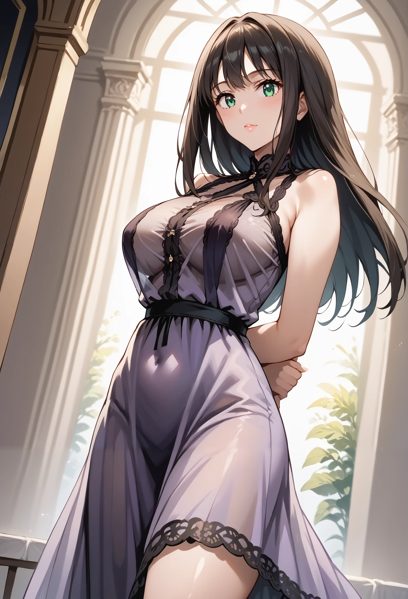 score_9, score_8_up, score_7_up, source_anime, 4K,perfect fingers,(perfect hands, perfect anatomy),prefect lighting, very aesthetic, intricate details,highly detailed background, masterpiece, high quality, best quality,
1girls,solo, rinshibuya, rin shibuya, black hair, green eyes, long hair, large breasts, mature female,
wearing ((short, sheer, purple dress with black lace trim, dress appears to be made of a translucent material, revealing the skin under Dress, , black lace-like undergarment underneath the dress,)),,
Standing, A sagging breast,((arms behind back:1.5)),