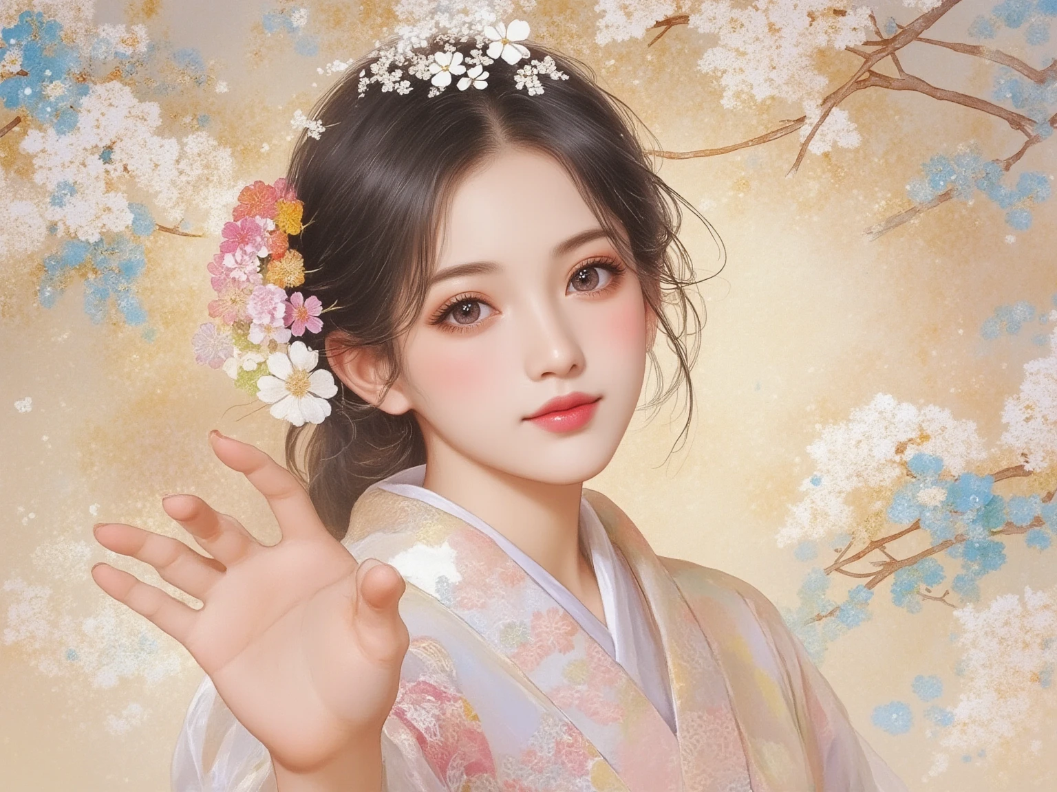  Top Quality、 high image quality、 masterpiece:1.4、4K、 watercolor:5、 kimono、 quiet atmosphere 、 1 Girl、 smile、 Shiny Dark Eyes 、 Detailed Black Hair 、  loose wavy hair 、  Young French Woman  、 Gesture Bringing Her Hand Forward 、 Detailed Band Using Textured Fabric {x} Tree with Iridescent Leaves々 々、 natural light、 quiet atmosphere 、 Twinkle、 fluffy