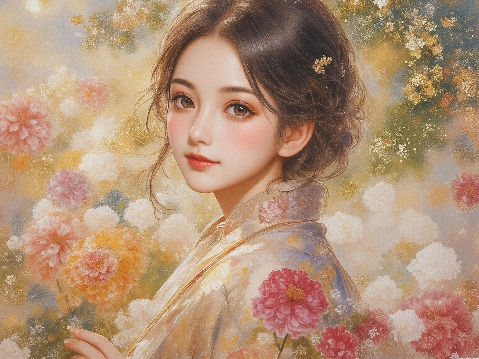  Top Quality、 high image quality、 masterpiece:1.4、4K、 watercolor:5、 kimono、 quiet atmosphere 、 1 Girl、 smile、 Shiny Dark Eyes 、 Detailed Black Hair 、  loose wavy hair 、  Young French Woman  、 Gesture Bringing Her Hand Forward 、 Detailed Band Using Textured Fabric {x} Tree with Iridescent Leaves々 々、 natural light、 quiet atmosphere 、 Twinkle、 fluffy