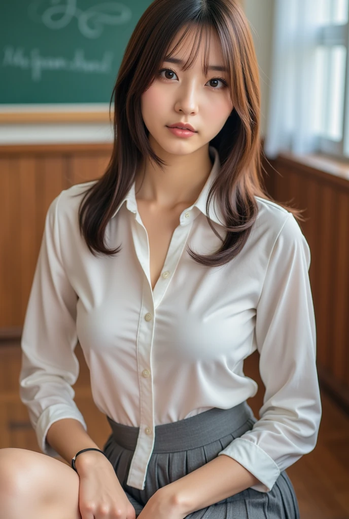 a beautiful woman in a room, sitting on the floor hugging her legs, wearing a navy blue skirt and tights, white button-up shirt with top buttons undone, contemplative expression, backlit from a window, soft cinematic lighting, detailed facial features, photorealistic, high-quality, intricate details, elegant, melancholy atmosphere, dramatic lighting, realistic, intricate textures, subtle color palette, 8K, masterpiece, Detailed posture、