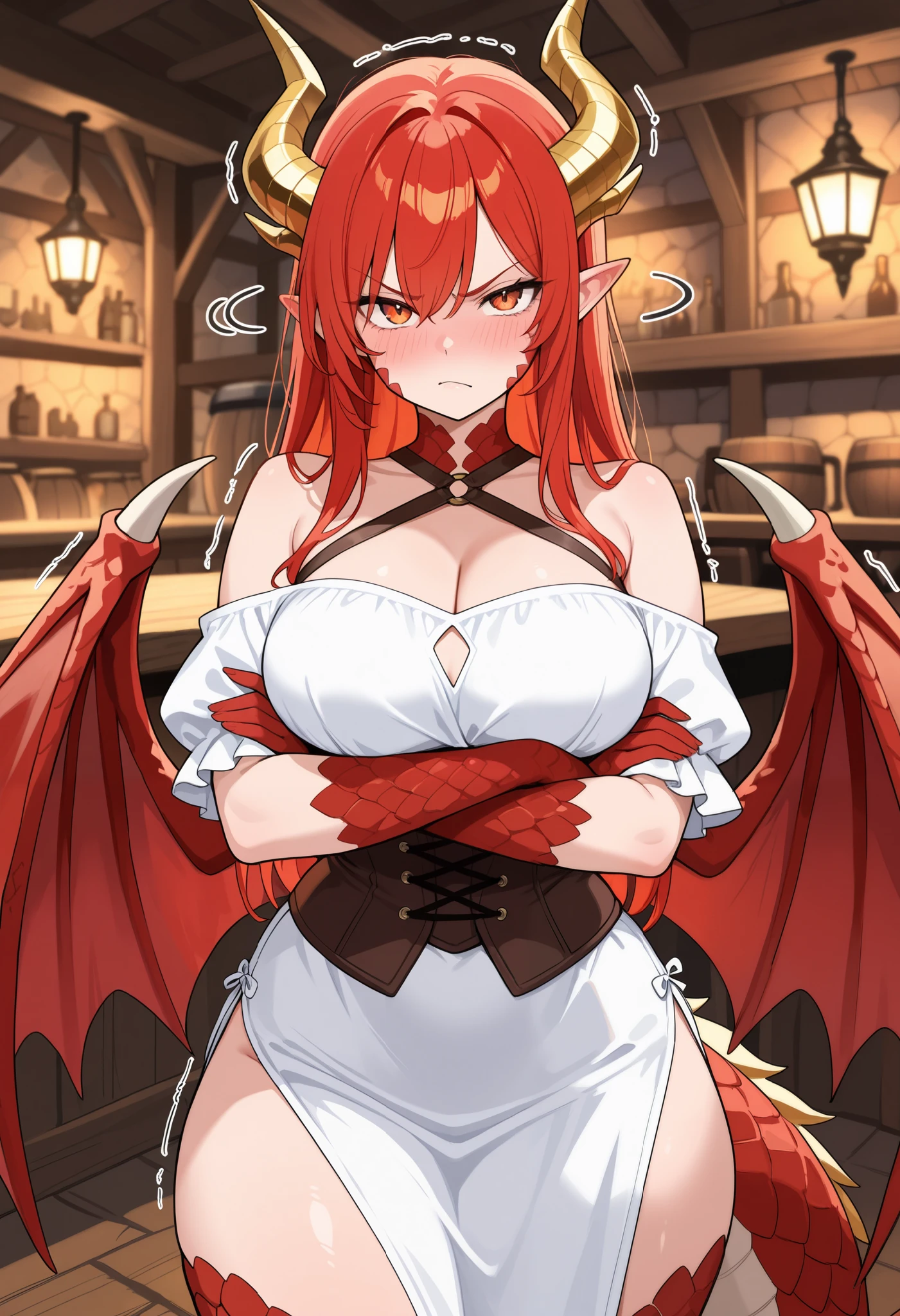 A dragon woman anthro, dragon ears and horns, tall, nipples, fully naked, sexy, hot, seductive, mommy energy, dark red shiny scales and gold eyes, covered in cum, long tail, small wings