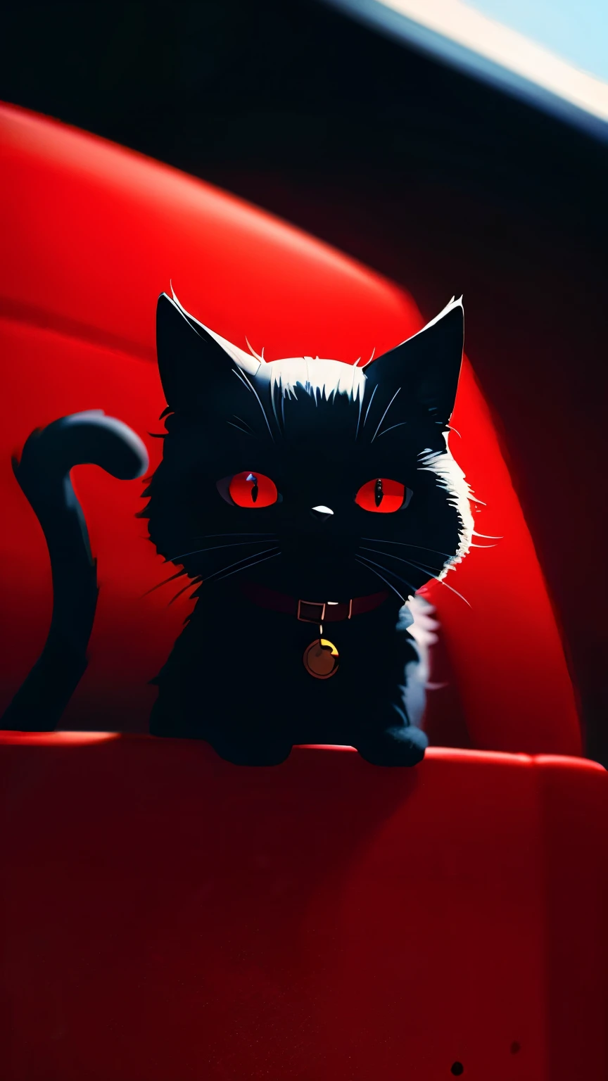 masterpiece、high image quality、Vertical illustration、dark fantasy、Little black cat(with red eyes and small horns),
