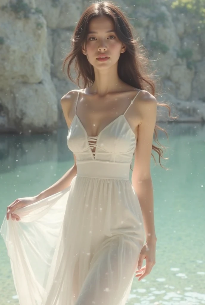 A woman in a doorway with a necklace in her hand, subrealistic