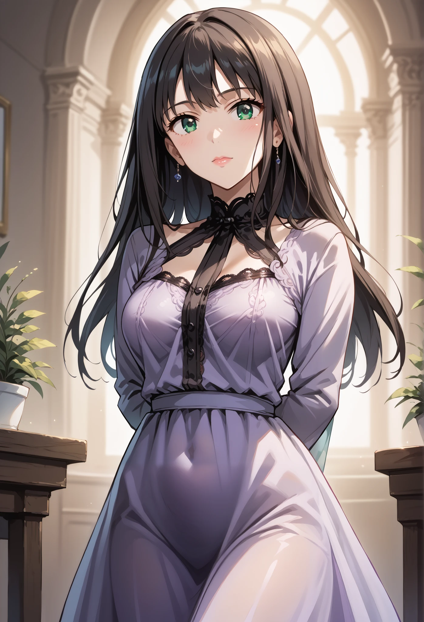 score_9, score_8_up, score_7_up, source_anime, 4K,perfect fingers,(perfect hands, perfect anatomy),prefect lighting, very aesthetic, intricate details,highly detailed background, masterpiece, high quality, best quality,
1girls,solo, rinshibuya, rin shibuya, black hair, green eyes, long hair, large breasts, mature female,
wearing ((short, sheer, purple dress with black lace trim, dress appears to be made of a translucent material, revealing the skin under Dress, , black lace-like undergarment underneath the dress,)),,
Standing, A sagging breast,((arms behind back:1.5)),((front look:1.5)),