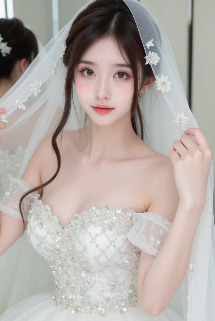 Top-quality Realistic, Official art, Highly detailed CG Unity 8k wallpaper,(masterpiece:1.3), (8k, photorealistic, RAW photo, best quality: 1.4), (1 girl), pretty face, (realistic face), (black hair, medium hair:1.3), beautiful hairstyle, realistic eyes, detailed fine eyes, (realistic skin), beautiful skin, (breasted top), absurd, attractive, super detailed resolution, surreal golden ratio, very detailed, upper body, Japanese Idol,(Floral lace Wedding dress:1.3),BREAK,(Heart shaped necklace),(Triangle ornament earrings),BREAK, (gentle smile like a goddess),(Extreme close-up),(standing in front of a store in a shopping mall:1.2)