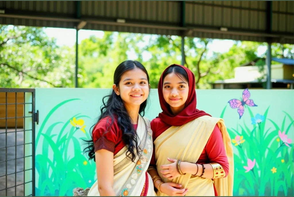 A landscape portrait picture of  2 indian girls in school uniform, realistic, cinematic, 