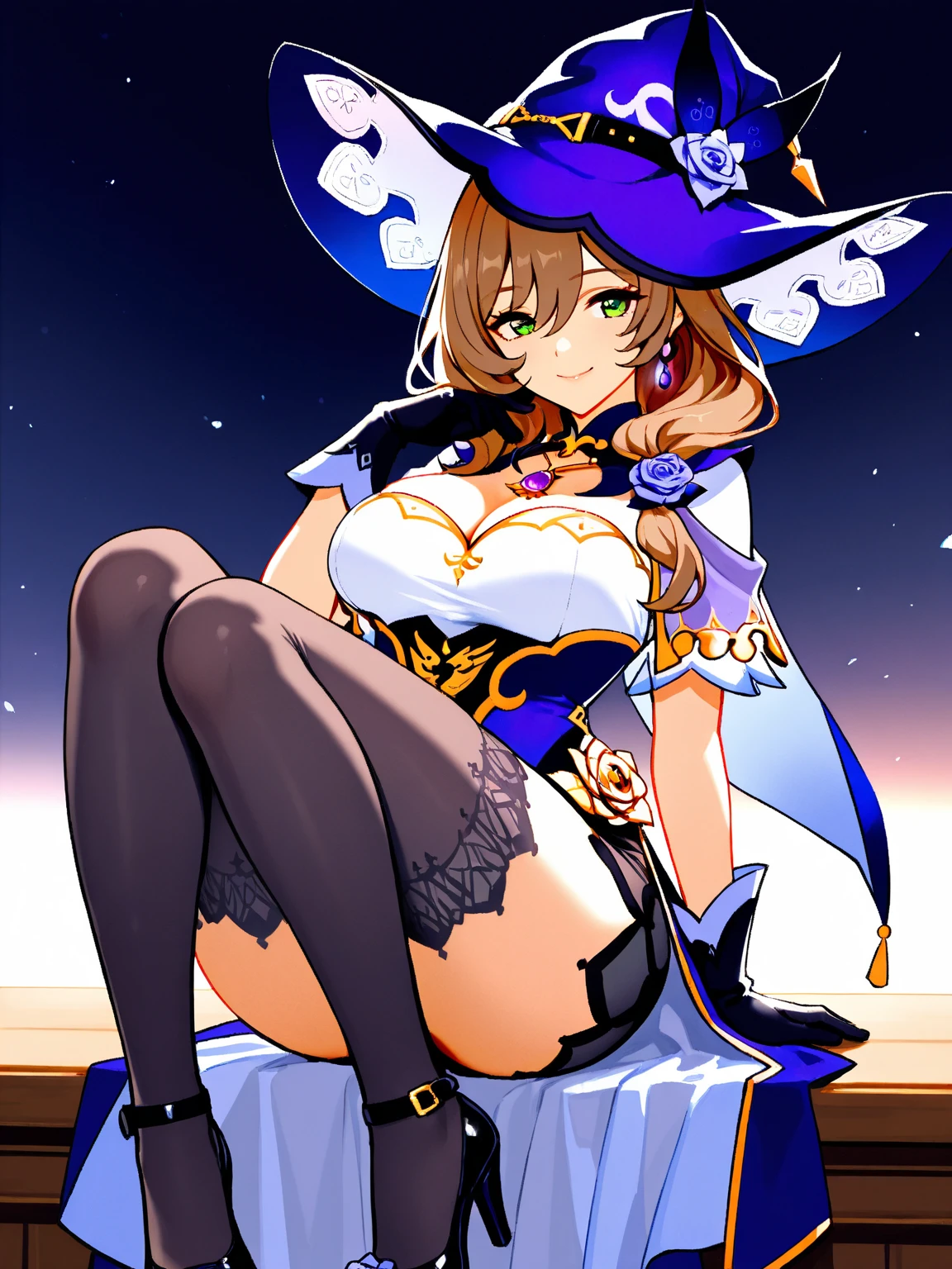 Kousaka honoka, blue eyes, masterpiece, best quality, (1girl:0.999), (breasts:0.959), (cleavage:0.939), (long hair:0.939), (hair ornament:0.932), (thighhighs:0.904), (boots:0.893), (strapless:0.838), (shorts:0.836), (thicc body), (large breasts:0.720), (collarbone:0.683), (flower:0.646), (cuffs:0.581), (closed mouth:0.571), (weapon:0.556), (holding:0.542), (garter straps:0.508), (hair flower:0.508), llchar, Night, sky, stars