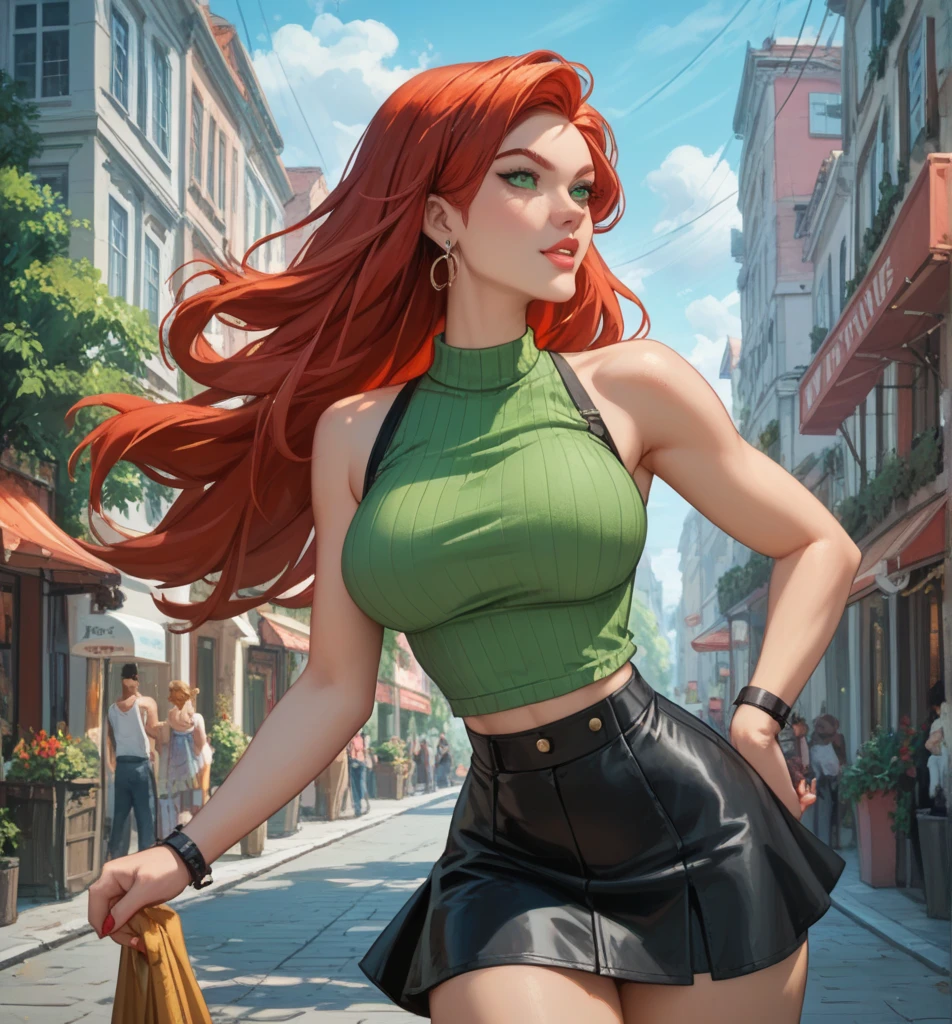 best quality,4k,8k,highres,masterpiece:1.2),ultra-detailed, extremely detailed eyes, extremely detailed body, (large masterpiece digital art), (detailed manga illustration), (detailed line art), ((perfect anatomy)), (intricate details:1.3), (ultra-detailed:1.3), (illustration:1.3), (sharp focus:1.3), (natural lighting:1.05), (vivid colors:1.3), (masterpiece), (best quality:1.4), (perfect anatomy:1.4), high quality, expressive eyes, full body, detailed face, beautiful face, perfect face, 1 girl, breasts, cleavage, gloves, large breasts, ultramarine jacket, very long hair, thigh length hair, ({dark skin}), dark-skinned female, detailed ((red hair)), messy hair, green eyes, gloves, jacket, hourglass physique, casual outfit, denim shorts, sneakers, graphic t-shirt, dynamic lighting, cityscape background curvy, Atey Ghailan, Jeremy Mann, Greg Manchess, Antonio Moro, trend in ArtStation, trend in CGSociety, Intricate, High Detail, Sharp focus, dramatic and photorealistic painting art by Midjourney and Greg Rutkowski, Jeff Bridges, ((cartoon style)), Marvel Cinematic Universe style, (((Boston in the background))), soft bokeh of Boston