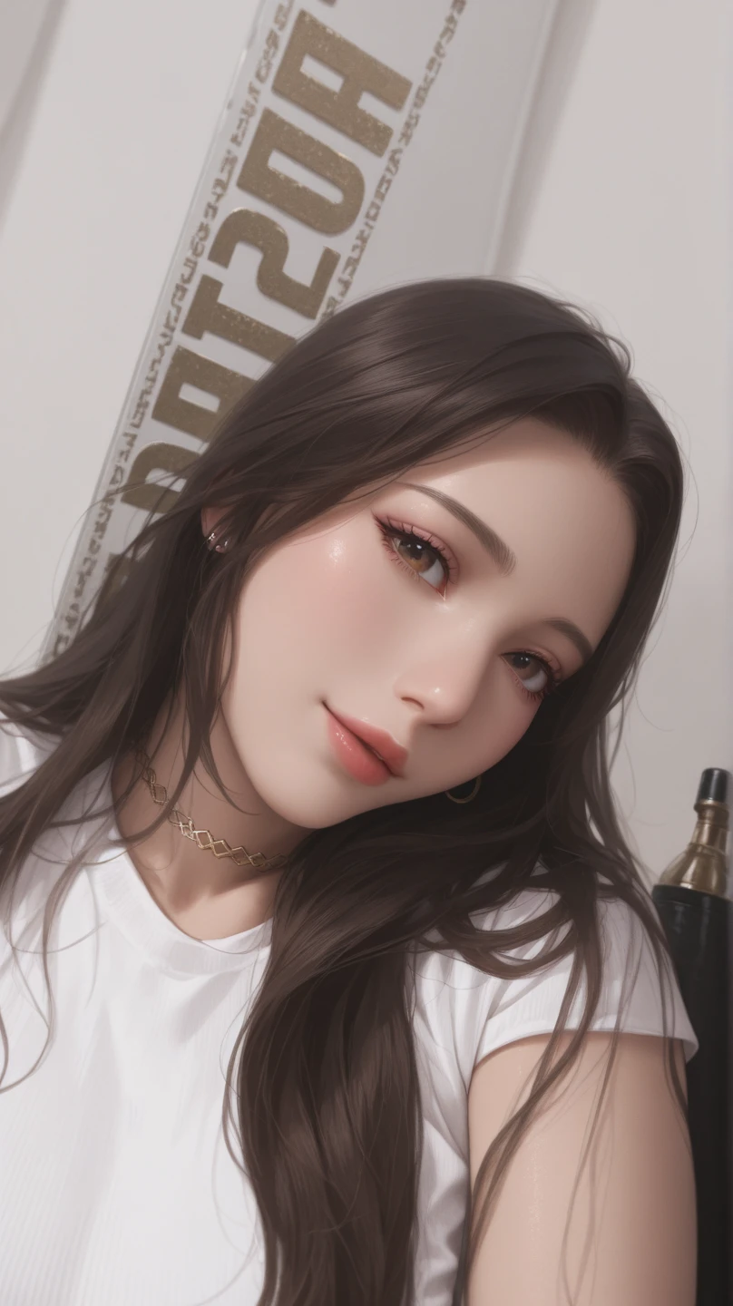 1 Girl, Beautiful, Baby Face, White Skin, Gigantic Colossal Chest, instagram photo, closeup face photo of 20 y.o Chloe in pink G-string, Red Lipstick, sensual Lipstick, Sensational Make Up, cleavage, pale skin, (smile:0.4), hard shadows, Red G-STRING