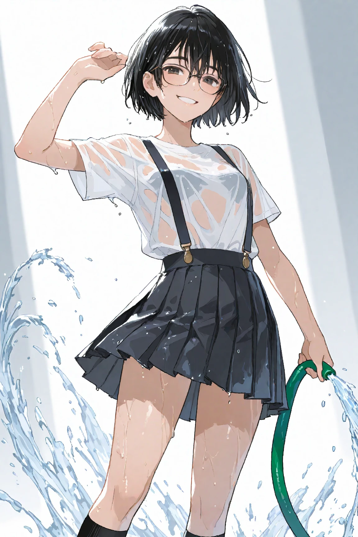 Highest quality、masterpiece、beautiful、detailed、Year: 11、Black hair twin-tailed female elementary school student、In the forest with a shrine、Dynamic pose、Watering with a hose、Angle from below、smile、Slim figure、(Wet and see-through clothing:1)、covered erectile nipples、camisole、Striped Micro Bikini、(cameltoe:0.5)