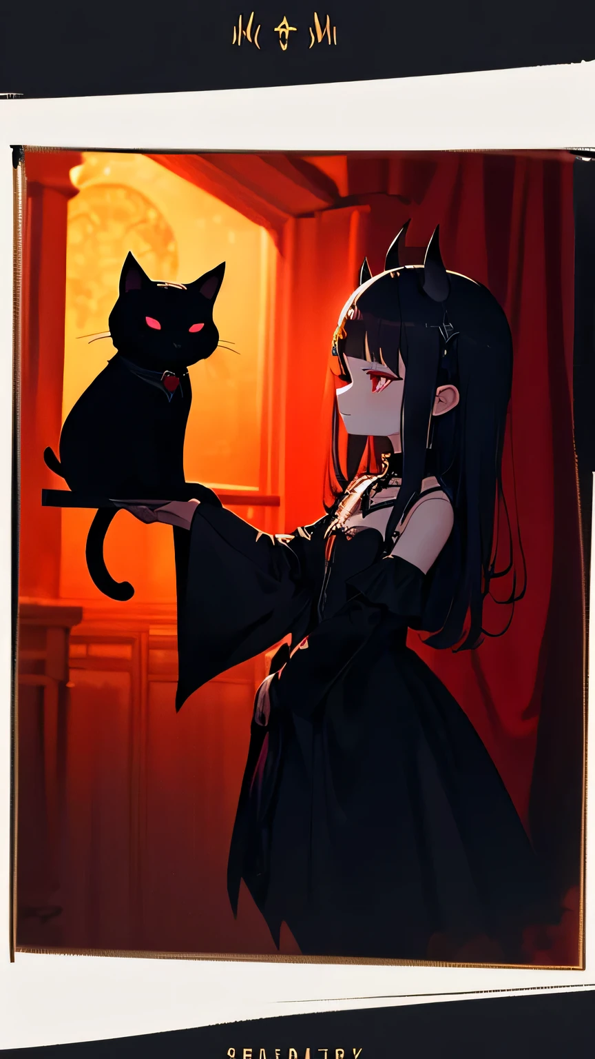 masterpiece、high image quality、Vertical illustration、dark fantasy、elegant gothic decorative frame、Little black cat(with red eyes and small horns),Witch Ceremony