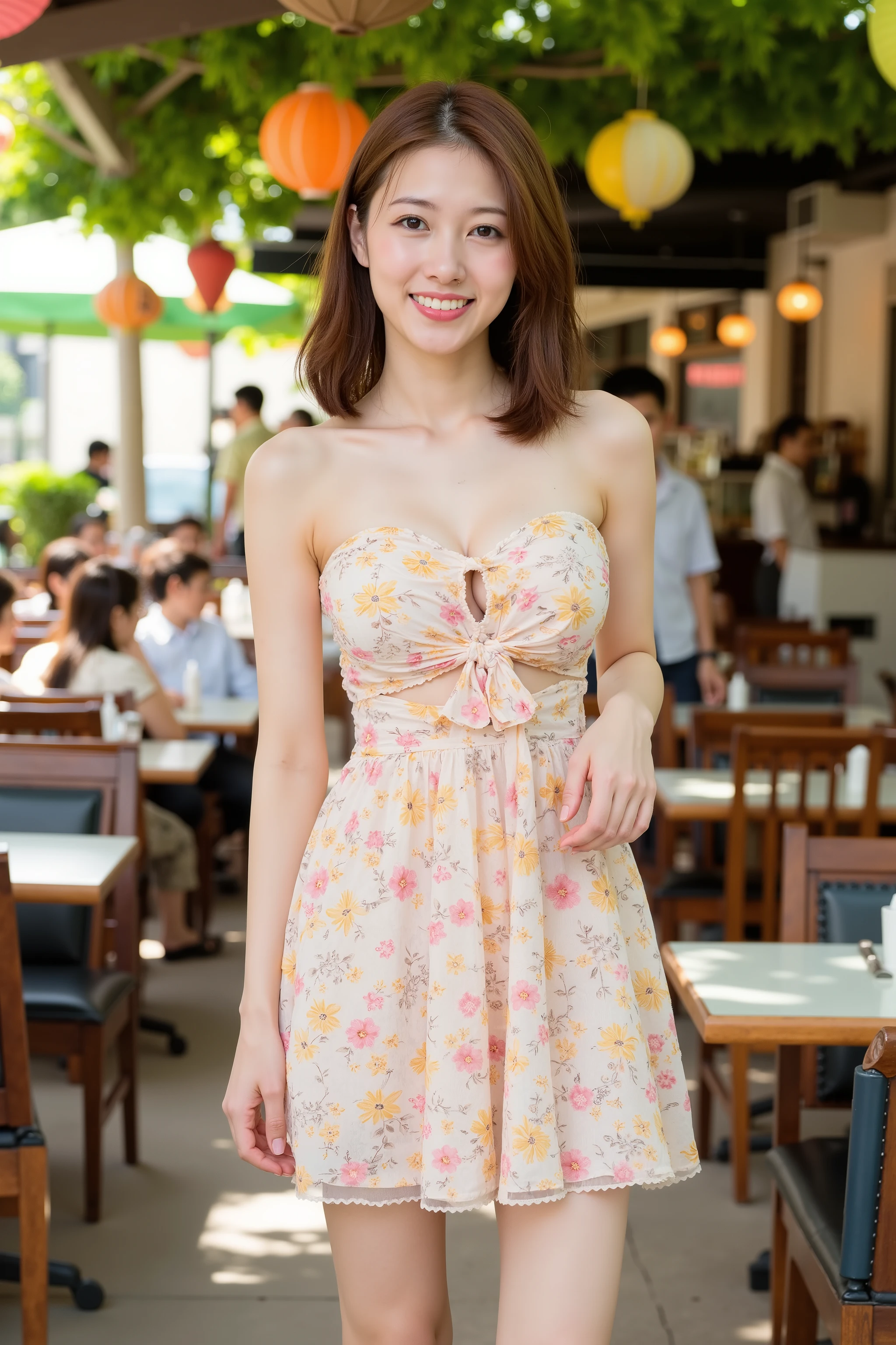 Young woman, 20s, ((large breasts)),((sagging breasts)),Asian ethnicity, wearing a pastel floral, strapless mini dress. The dress features a cutout detail and tie waist, showcasing a slender figure. The dress fabric appears semi-sheer with delicate floral patterns in various shades of pink, yellow, and white. Natural light illuminates her, creating soft shadows. She has shoulder-length brown hair and a pleasant expression. look the at viewer , she's standing by normal pose, The setting is a vibrant outdoor cafe with a leafy canopy overhead. Colorful paper lanterns and hanging decorations adorn the cafe. Wooden tables and chairs, patterned textiles, and other patrons are visible. The cafe background is slightly blurred, focusing the viewer's attention on the woman. Composition is straightforward and informal, the camera angle is at a slightly lower perspective, emphasizing her posture and the dress's design details. Natural lighting and soft color palette create a warm, cheerful atmosphere. The overall style is casual, yet fashionable.