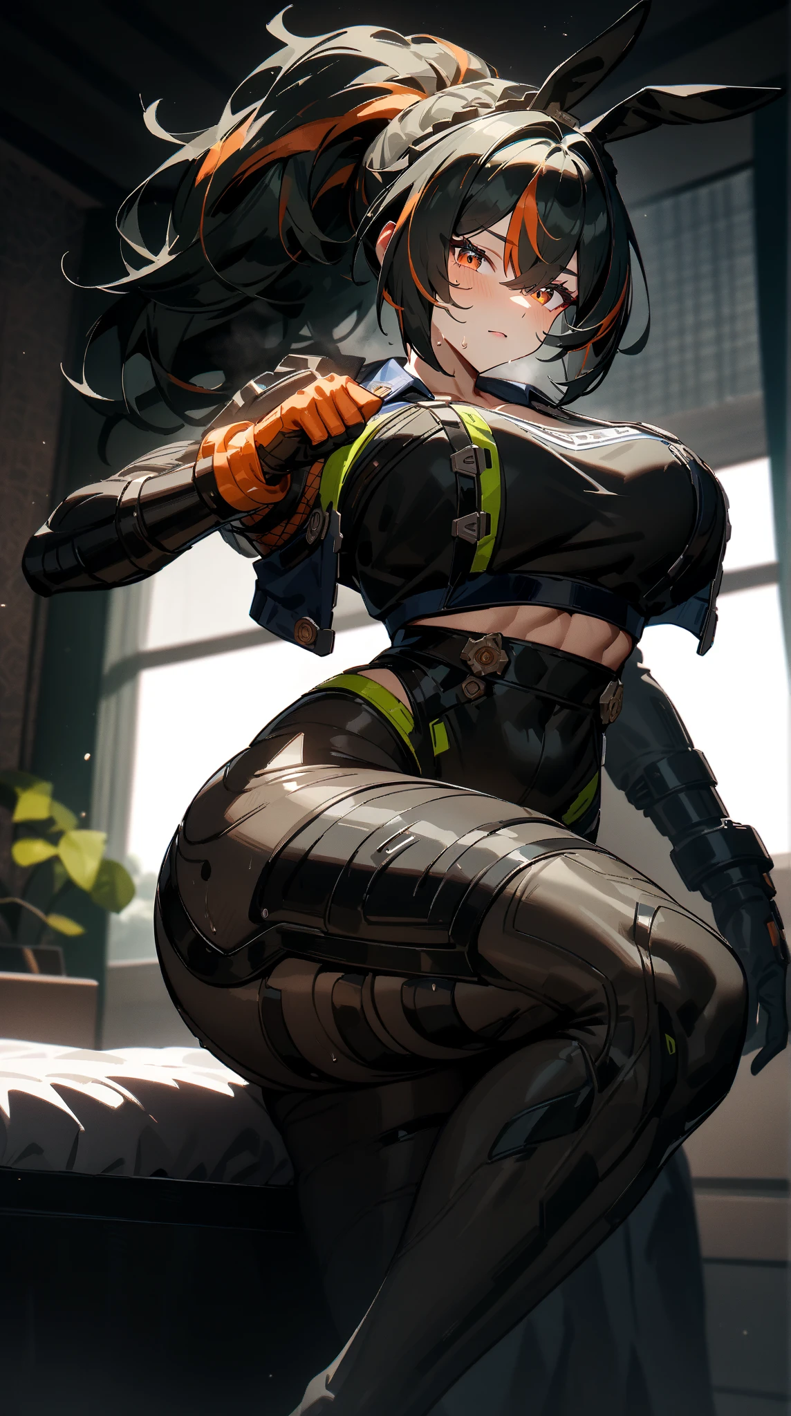 1girl, (((extremely long hair))), solo, (((muscular))), veins, black hair, yellow eyes, thick thighs, pale skin, strong, veins, big thighs, huge breasts, standing, bodyuit, pilot suit, ((thick thighs)), angry, against wall, gritty, (((full body)))